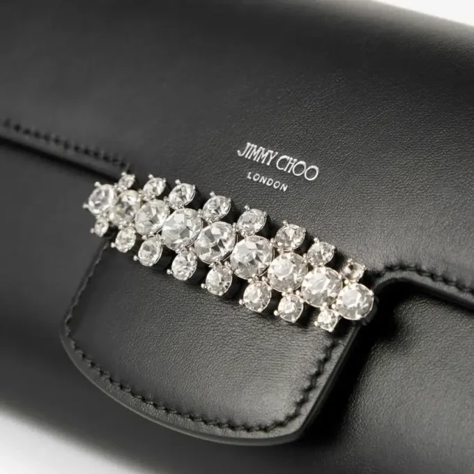 Geantă mini de umăr Bing Wallet Chain din piele neagră cu elemente din cristal