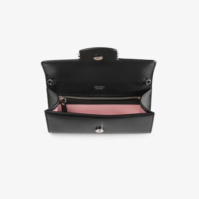 Geantă mini de umăr Bing Wallet Chain din piele neagră cu elemente din cristal