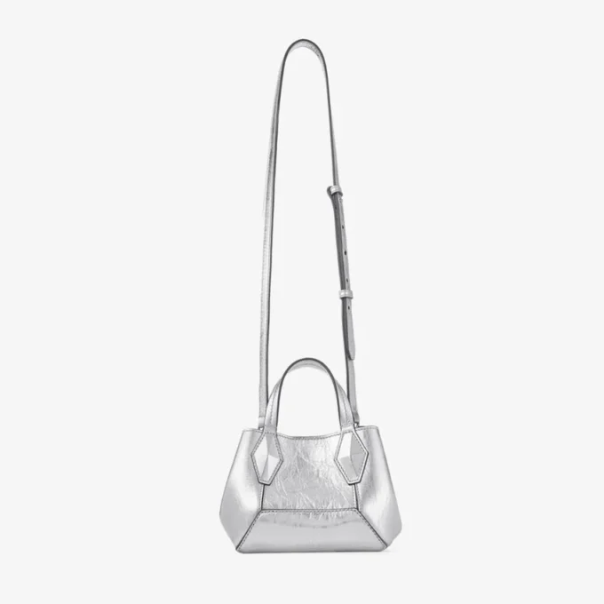 Geantă mini Diamond Tote din piele metalizată argintie vintage Geantă mini Diamond Tote din piele metalizată argintie vintage