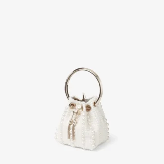 Geantă mini Micro Bon Bon din satin ivoriu cu perle pe toată suprafața