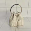 Geantă mini Micro Bon Bon din satin ivoriu cu perle pe toată suprafața Geantă mini Micro Bon Bon din satin ivoriu cu perle pe toată suprafața