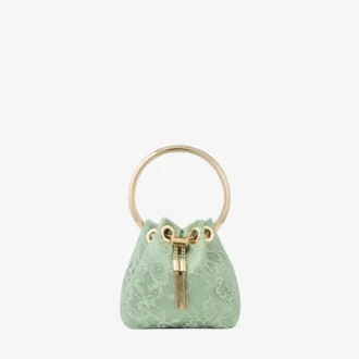 Geantă mini tip sac Bon Bon din satin verde și dantelă Jimmy Choo