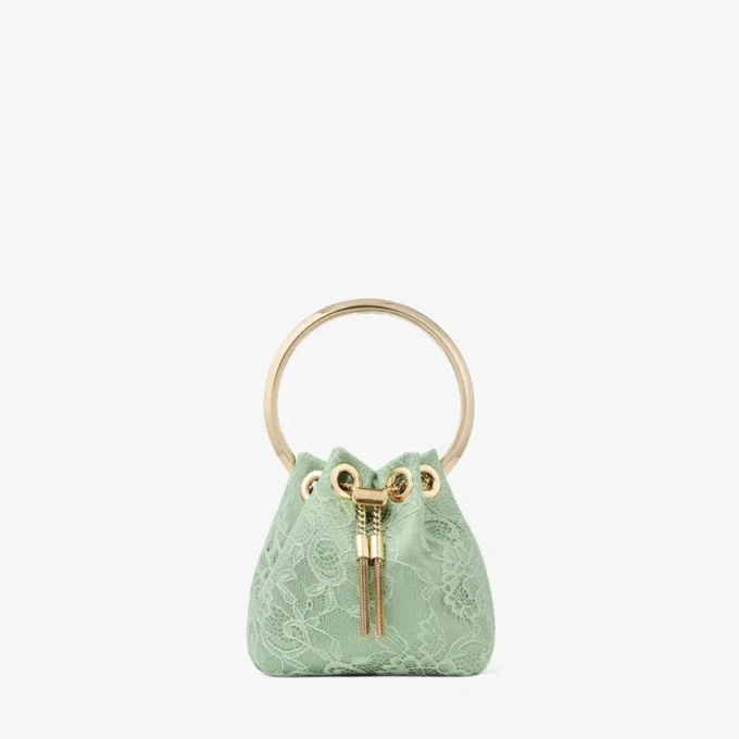 Geantă mini tip sac Bon Bon din satin verde și dantelă Jimmy Choo Geantă mini tip sac Bon Bon din satin verde și dantelă Jimmy Choo