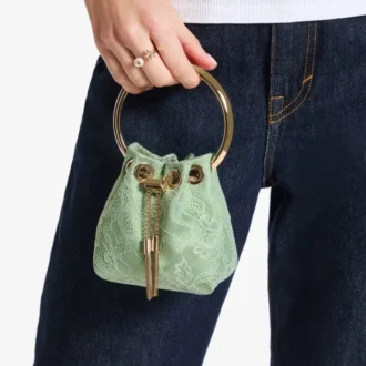 Geantă mini tip sac Bon Bon din satin verde și dantelă Jimmy Choo