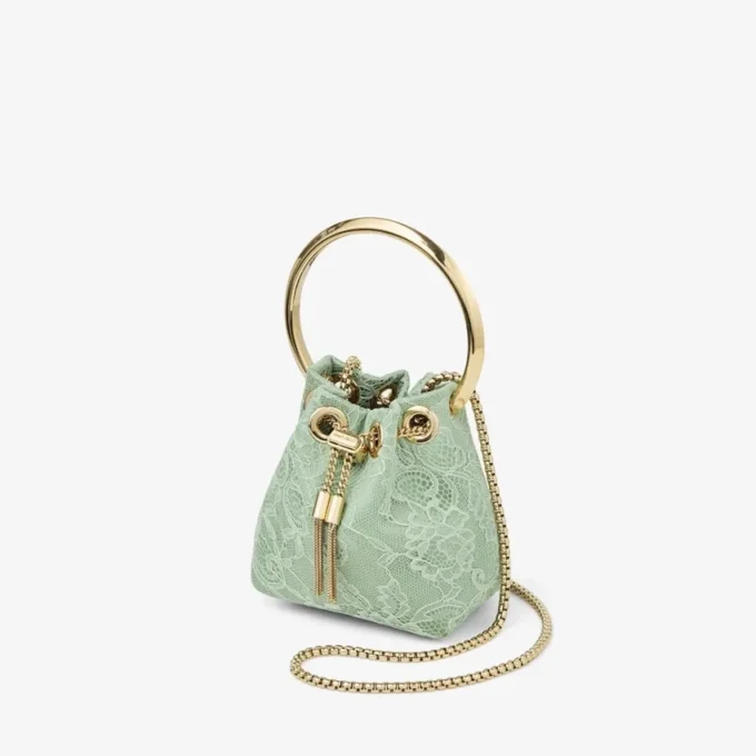 Geantă mini tip sac Bon Bon din satin verde și dantelă Jimmy Choo Geantă mini tip sac Bon Bon din satin verde și dantelă Jimmy Choo