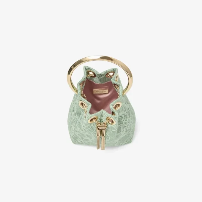 Geantă mini tip sac Bon Bon din satin verde și dantelă Jimmy Choo Geantă mini tip sac Bon Bon din satin verde și dantelă Jimmy Choo