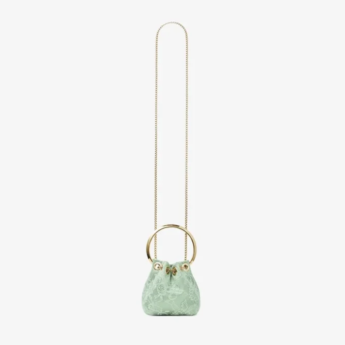 Geantă mini tip sac Bon Bon din satin verde și dantelă Jimmy Choo Geantă mini tip sac Bon Bon din satin verde și dantelă Jimmy Choo