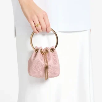 Geantă mini tip sac din satin Micro Bon Bon Rose și dantelă jimmy choo
