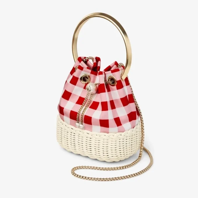 Geantă tip coș din bumbac în carouri roșu rubiniu și răchită Bon Bon
