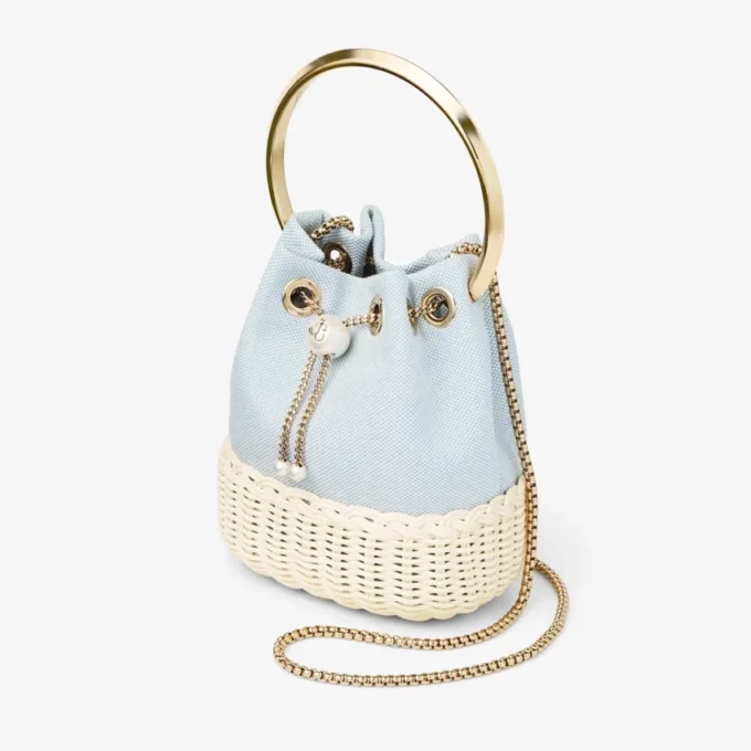 Geantă tip coș din pânză cu pete și răchită Bon Bon Riviera Blue Mix