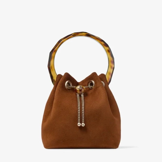 Geantă tip sac Bon Bon din piele de căprioară maro deschis, cu închizătoare cu mărgele și mâner din coajă de broască țestoasă