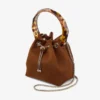 Geantă tip sac Bon Bon din piele de căprioară maro deschis, cu închizătoare cu mărgele și mâner din coajă de broască țestoasă