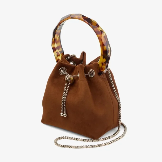 Geantă tip sac Bon Bon din piele de căprioară maro deschis, cu închizătoare cu mărgele și mâner din coajă de broască țestoasă