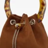 Geantă tip sac Bon Bon din piele de căprioară maro deschis, cu închizătoare cu mărgele și mâner din coajă de broască țestoasă