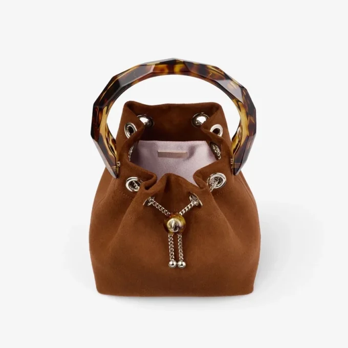 Geantă tip sac Bon Bon din piele de căprioară maro deschis, cu închizătoare cu mărgele și mâner din coajă de broască țestoasă