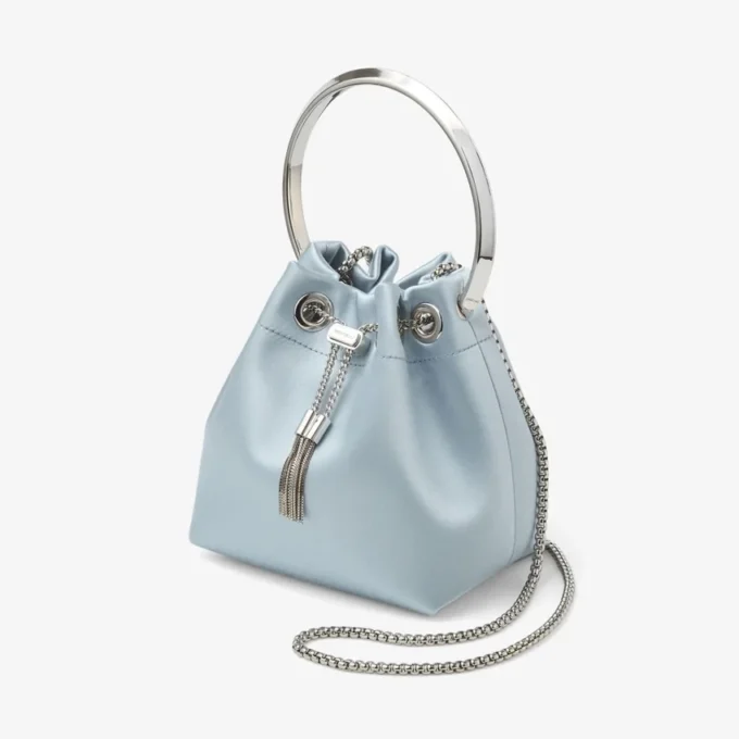 Geantă tip sac Bon Bon din satin albastru gheață
