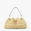 Geantă tip sac Cinch Medium din rafie cu margele, în culorile Natural și Cappuccino, cu piele de vițel netedă Geantă tip sac Cinch Medium din rafie cu margele, în culorile Natural și Cappuccino, cu piele de vițel netedă