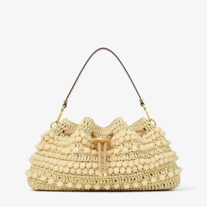 Geantă tip sac Cinch Medium din rafie cu margele, în culorile Natural și Cappuccino, cu piele de vițel netedă Geantă tip sac Cinch Medium din rafie cu margele, în culorile Natural și Cappuccino, cu piele de vițel netedă