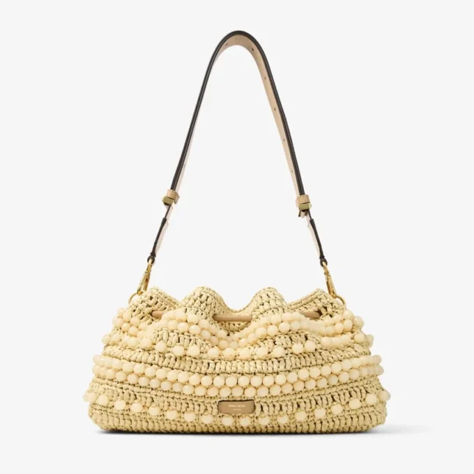 Geantă tip sac Cinch Medium din rafie cu margele, în culorile Natural și Cappuccino, cu piele de vițel netedă Geantă tip sac Cinch Medium din rafie cu margele, în culorile Natural și Cappuccino, cu piele de vițel netedă