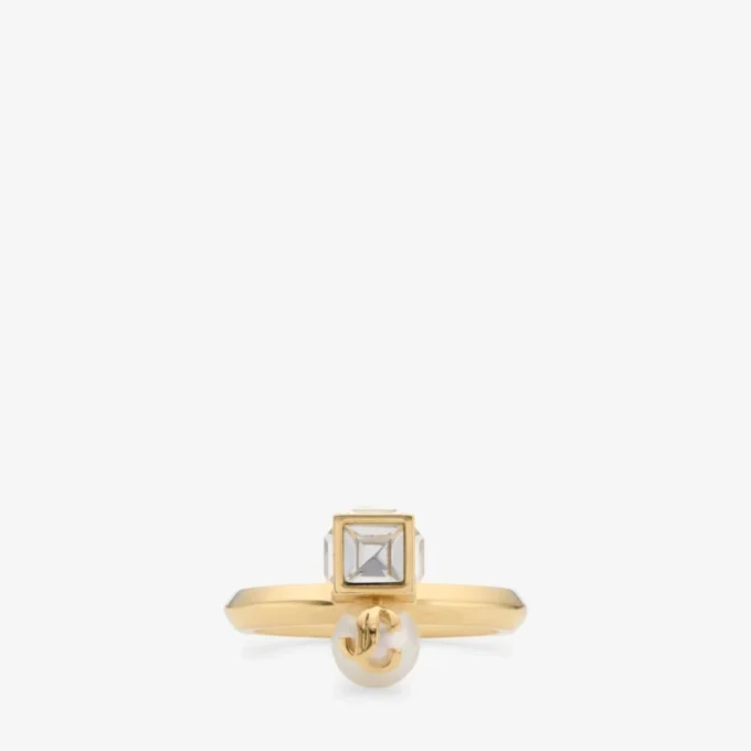 Inel Jc Pearl Cube Inel din metal auriu cu perla și cub de cristal Inel Jc Pearl Cube Inel din metal auriu cu perla și cub de cristal