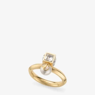 Inel Jc Pearl Cube Inel din metal auriu cu perla și cub de cristal Inel Jc Pearl Cube Inel din metal auriu cu perla și cub de cristal