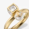 Inel Jc Pearl Cube Inel din metal auriu cu perla și cub de cristal Inel Jc Pearl Cube Inel din metal auriu cu perla și cub de cristal