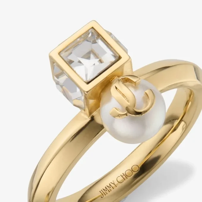 Inel Jc Pearl Cube Inel din metal auriu cu perla și cub de cristal Inel Jc Pearl Cube Inel din metal auriu cu perla și cub de cristal