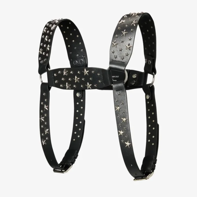 Jimmy Choo Noir Kei Ninomiya All Stars Harness Ham din piele de vițel netedă neagră cu ornamente metalice în formă de stele multiple Jimmy Choo Noir Kei Ninomiya All Stars Harness Ham din piele de vițel netedă neagră cu ornamente metalice în formă de stele multiple