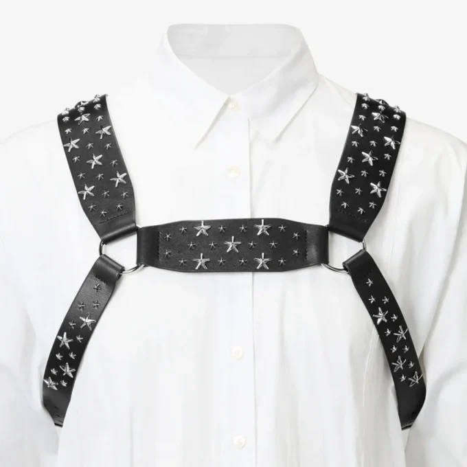 Jimmy Choo Noir Kei Ninomiya All Stars Harness Ham din piele de vițel netedă neagră cu ornamente metalice în formă de stele multiple Jimmy Choo Noir Kei Ninomiya All Stars Harness Ham din piele de vițel netedă neagră cu ornamente metalice în formă de stele multiple