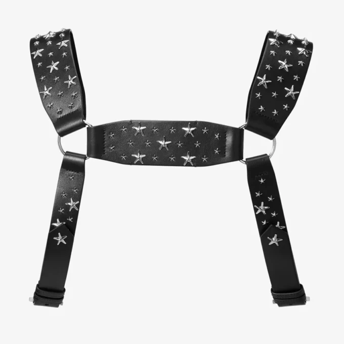 Jimmy Choo Noir Kei Ninomiya All Stars Harness Ham din piele de vițel netedă neagră cu ornamente metalice în formă de stele multiple Jimmy Choo Noir Kei Ninomiya All Stars Harness Ham din piele de vițel netedă neagră cu ornamente metalice în formă de stele multiple