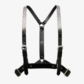 Jimmy Choo Noir Kei Ninomiya Crystals Harness Ham din piele neagră lucioasă cu ornamente din cristale aplicate la cald Jimmy Choo Noir Kei Ninomiya Crystals Harness Ham din piele neagră lucioasă cu ornamente din cristale aplicate la cald