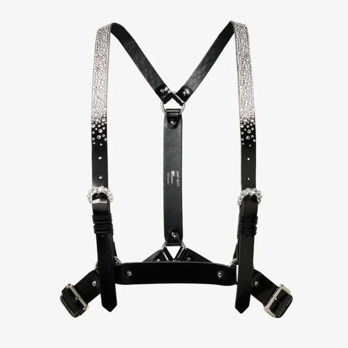 Jimmy Choo Noir Kei Ninomiya Crystals Harness Ham din piele neagră lucioasă cu ornamente din cristale aplicate la cald Jimmy Choo Noir Kei Ninomiya Crystals Harness Ham din piele neagră lucioasă cu ornamente din cristale aplicate la cald