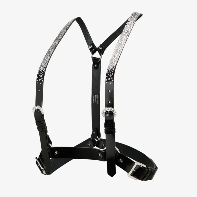 Jimmy Choo Noir Kei Ninomiya Crystals Harness Ham din piele neagră lucioasă cu ornamente din cristale aplicate la cald Jimmy Choo Noir Kei Ninomiya Crystals Harness Ham din piele neagră lucioasă cu ornamente din cristale aplicate la cald