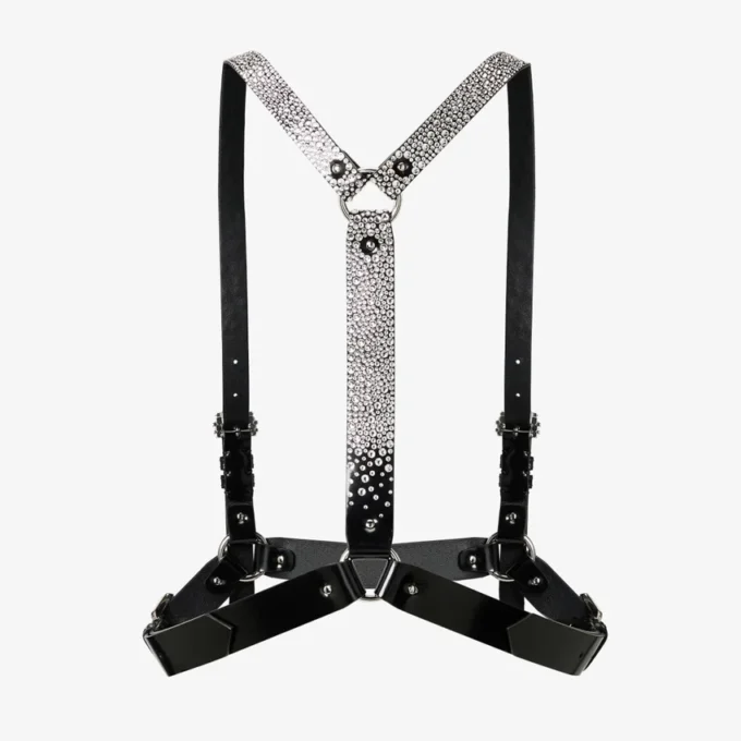 Jimmy Choo Noir Kei Ninomiya Crystals Harness Ham din piele neagră lucioasă cu ornamente din cristale aplicate la cald Jimmy Choo Noir Kei Ninomiya Crystals Harness Ham din piele neagră lucioasă cu ornamente din cristale aplicate la cald