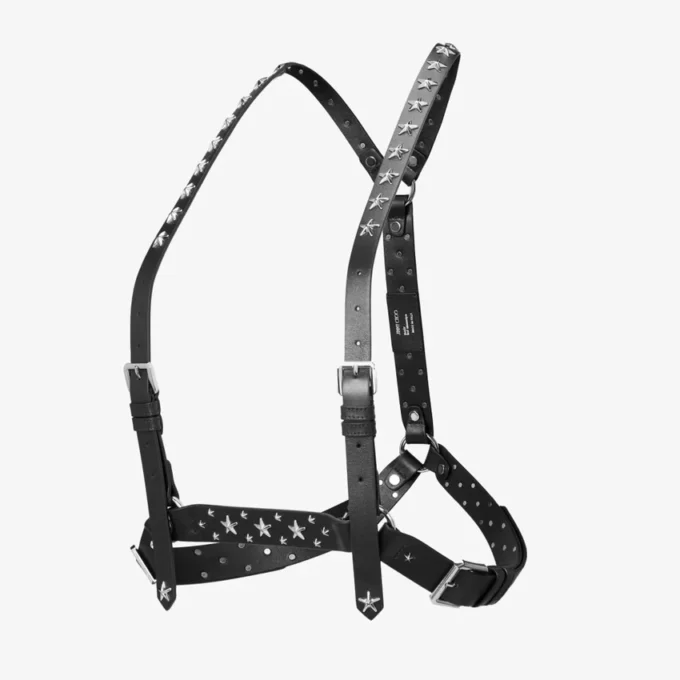 Jimmy Choo Noir Kei Ninomiya Harnă cu o singură stea, din piele de vițel netedă neagră, cu ornamente metalice cu stele multiple Jimmy Choo Noir Kei Ninomiya Harnă cu o singură stea, din piele de vițel netedă neagră, cu ornamente metalice cu stele multiple