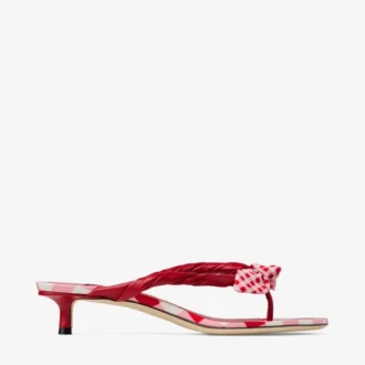 Liss 35 Mix roșu rubiniu Sandale tip mule din bumbac cu imprimeu gingham mixt și fundă din bumbac Liss 35 Mix roșu rubiniu Sandale tip mule din bumbac cu imprimeu gingham mixt și fundă din bumbac