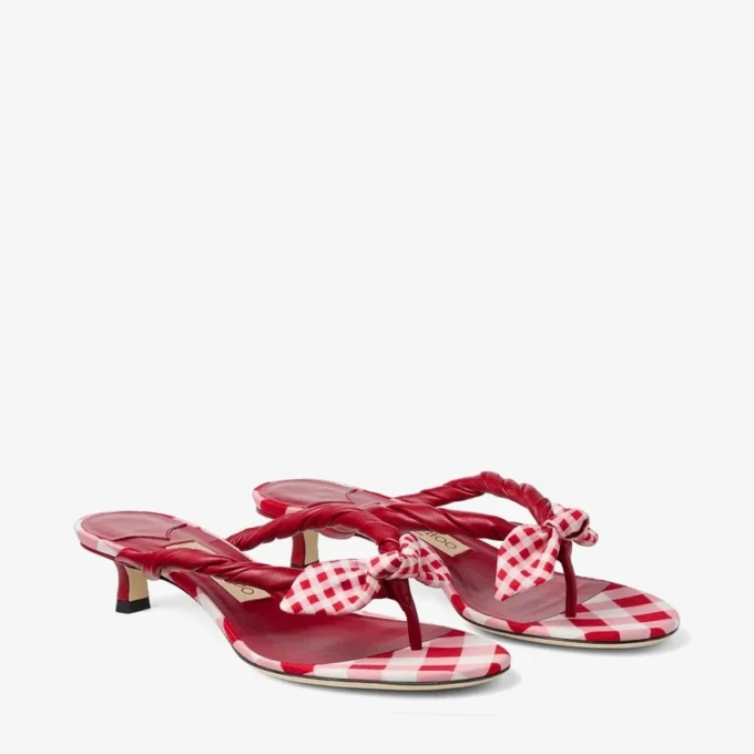 Liss 35 Mix roșu rubiniu Sandale tip mule din bumbac cu imprimeu gingham mixt și fundă din bumbac Liss 35 Mix roșu rubiniu Sandale tip mule din bumbac cu imprimeu gingham mixt și fundă din bumbac