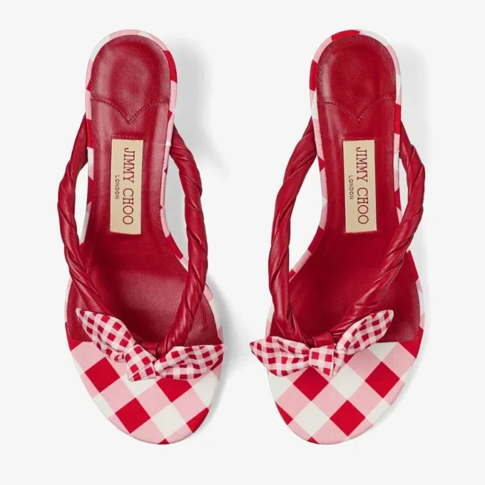 Liss 35 Mix roșu rubiniu Sandale tip mule din bumbac cu imprimeu gingham mixt și fundă din bumbac Liss 35 Mix roșu rubiniu Sandale tip mule din bumbac cu imprimeu gingham mixt și fundă din bumbac