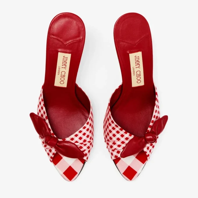 Livi Wedge 85 Pantofi mule cu toc în formă de pană, din bumbac cu imprimeu gingham mixt roșu rubiniu, cu fundă din bumbac cu imprimeu gingham Livi Wedge 85 Pantofi mule cu toc în formă de pană, din bumbac cu imprimeu gingham mixt roșu rubiniu, cu fundă din bumbac cu imprimeu gingham