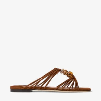 Lova Mule Flat Pantofi fără toc din piele de căprioară de culoare maro deschis, cu mărgele Lova Mule Flat Pantofi fără toc din piele de căprioară de culoare maro deschis, cu mărgele