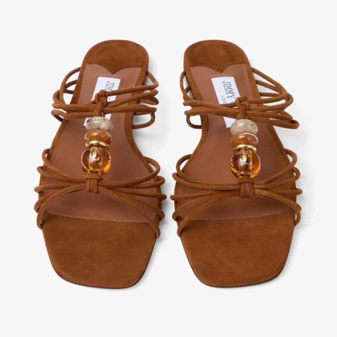 Lova Mule Flat Pantofi fără toc din piele de căprioară de culoare maro deschis, cu mărgele Lova Mule Flat Pantofi fără toc din piele de căprioară de culoare maro deschis, cu mărgele