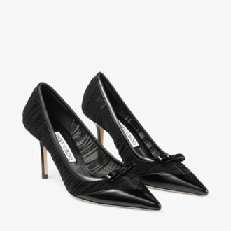 Love Mesh 85 Pantofi cu toc înalt din piele Spazzolato neagră și plasă drapată Love Mesh 85 Pantofi cu toc înalt din piele Spazzolato neagră și plasă drapată