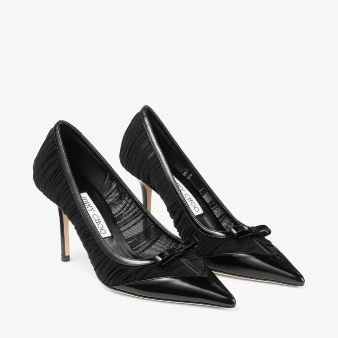 Love Mesh 85 Pantofi cu toc înalt din piele Spazzolato neagră și plasă drapată Love Mesh 85 Pantofi cu toc înalt din piele Spazzolato neagră și plasă drapată