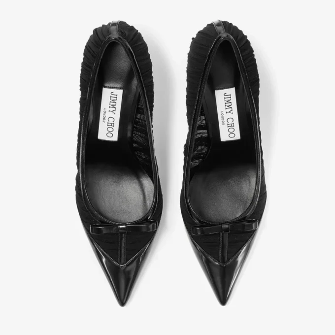 Love Mesh 85 Pantofi cu toc înalt din piele Spazzolato neagră și plasă drapată Love Mesh 85 Pantofi cu toc înalt din piele Spazzolato neagră și plasă drapată