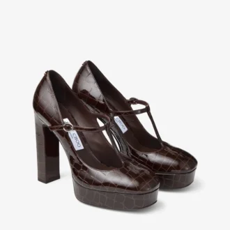 Marene  Mary Jane 120 Sambuco Pantofi cu toc din piele lucioasă cu imprimeu de crocodil