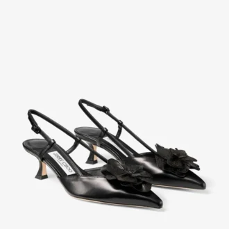 Mimmi Sling Back 50 Pantofi cu baretă din piele nappa lucioasă neagră, cu corsaj din dantelă nappa