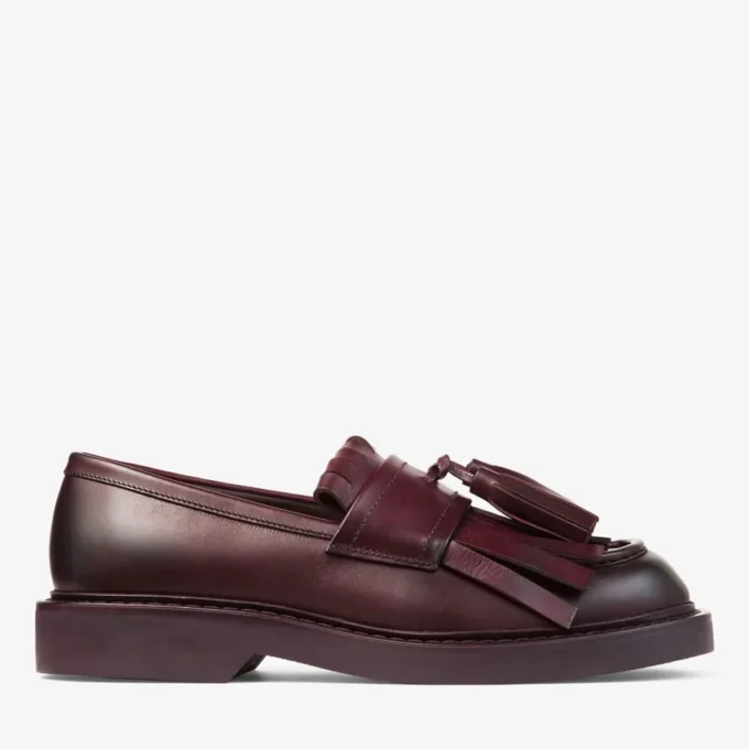 Mocasini Buff Fringe din piele de vițel cerată, culoare merlot intens