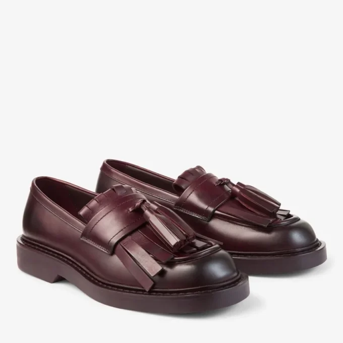 Mocasini Buff Fringe din piele de vițel cerată, culoare merlot intens