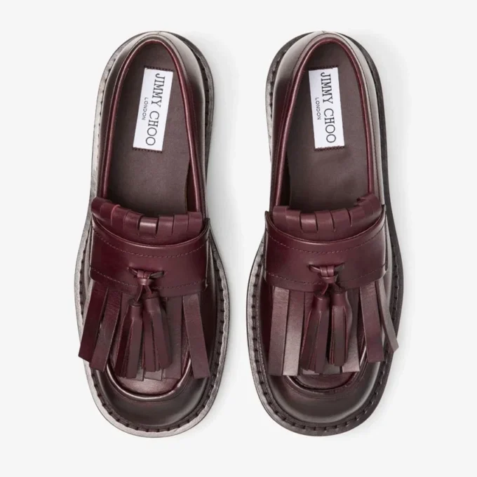 Mocasini Buff Fringe din piele de vițel cerată, culoare merlot intens