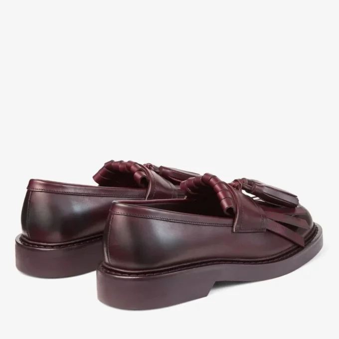 Mocasini Buff Fringe din piele de vițel cerată, culoare merlot intens
